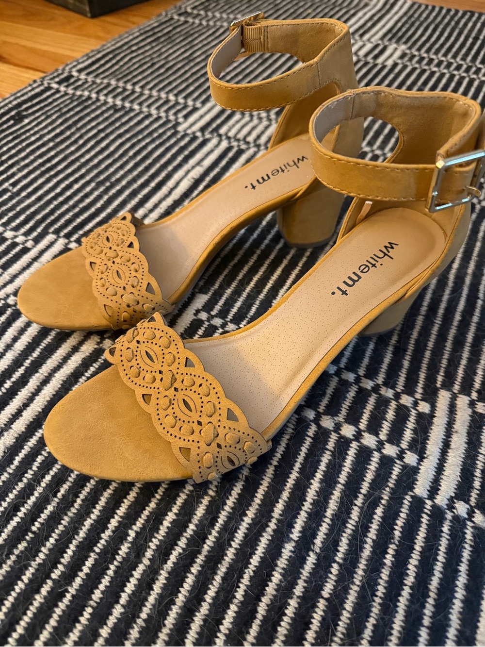 Whitemt. Mustard Laser-Cut Ankle Strap Block Heels